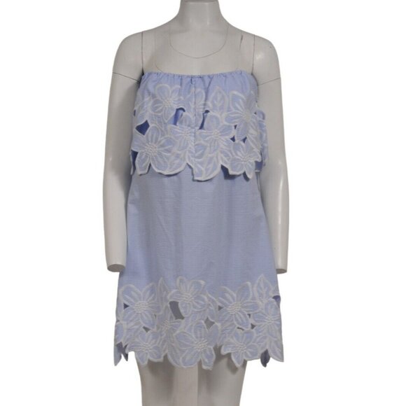 Anne Fontaine Off The Shoulder Dress US10 FR42 Blue White Embroidered Floral Str - Picture 1 of 11